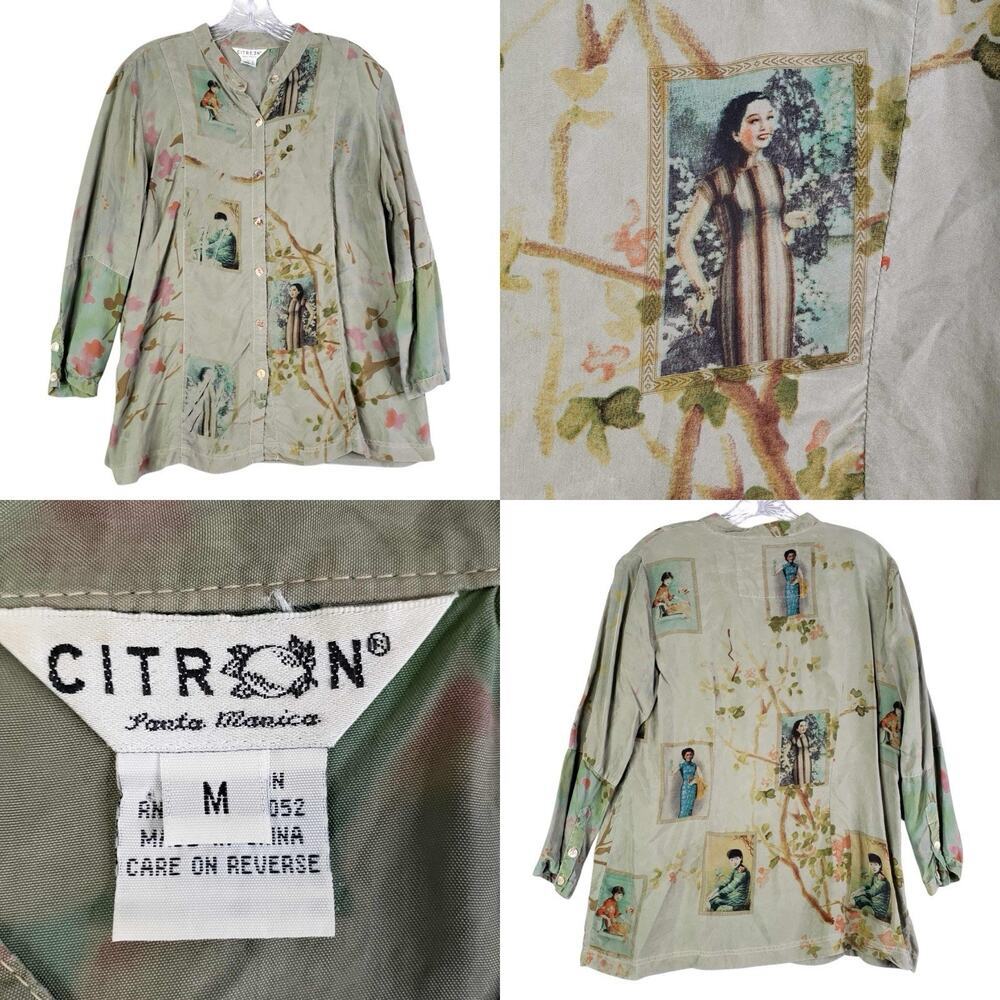Citron Santa Monica Button Up Tunic Size Medium Art To Wear Asian Green Cherry